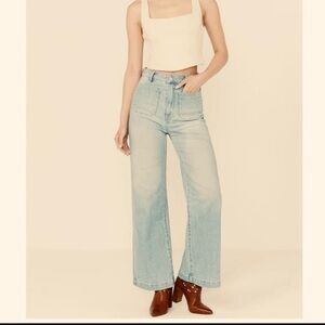 Marine Layer Light Blue Flare Jeans light denim double button double pocket